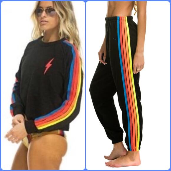 Aviator Nation Tops - Aviator Nation Women’s 2 Piece SET!!! Cropped Neon Striped Sweatshirt & Pants